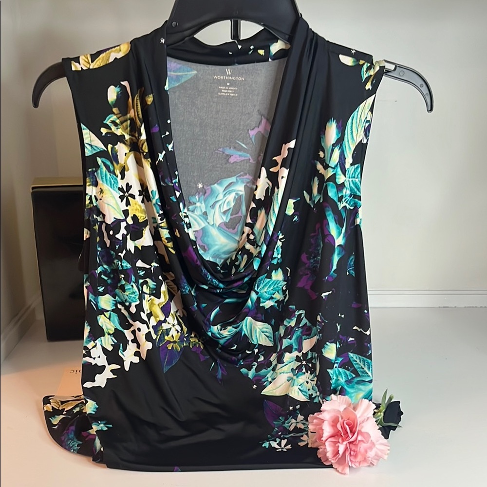 Worthington Black and Blue Draped Neckline Blouse - Picture 3 of 3